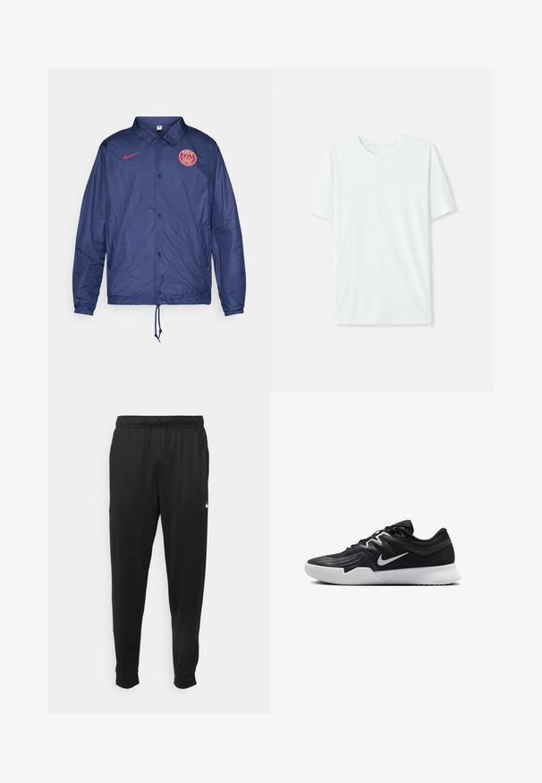 Temno modra Nike jakna s gumbi na pritiskač, logotip Paris Saint-Germain na prsih, elastični manšeti in vrvico na robu.; Svetlo mint zelena majica s kratkimi rukavi, izdelana iz mehkega blaga. Ima okroglo ovratnico in preprost, ravno kroj brez okrasnih elementov.; Črne športne hlače iz gladkega materiala, z elastičnim pasom, zoženimi hlačnicami in majhnim belim logotipom na levi strani.; Črne atletske čevlje z teksturirano zgornjico, belim Nike znakom in belim gumijastim zunanjim podplatom. Imajo vezalni dizajn in dinamično obliko.