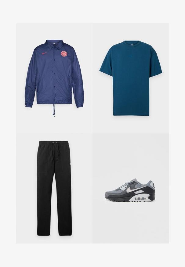 Námořnická modrá Nike bunda se zapínáním na patentky, logo Paris Saint-Germain na hrudi, elastické manžety a stahovací lem.; Modrá bavlněná tričko s krátkými rukávy, kulatým výstřihem a malým, světle modrým logem Nike na prsou. Měkká textura, volný střih.; Černé teplákové kalhoty vyrobené z fleecu, s elastickým pasem a šňůrkami, dvěma předními kapsami a malým logem na stehně.; Šedá teniska kombinující síťovinu a semiš, s černou podrážkou a viditelnou vzduchovou jednotkou. Výrazné světle šedé detaily a tkaničky.