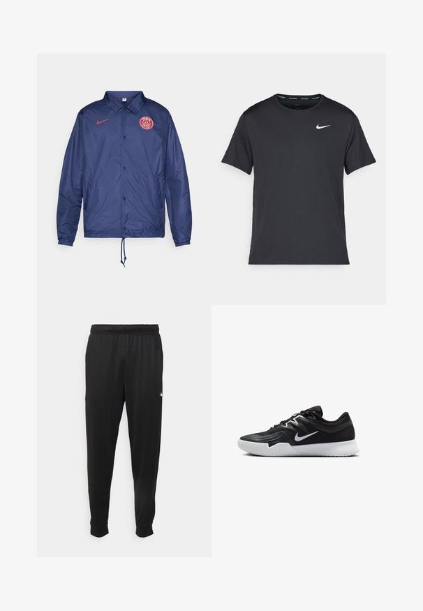 Ναυτικό μπλε μπουφάν Nike με κουμπιά snaps, λογότυπο της Παρί Σεν Ζερμέν στο στήθος, ελαστικούς καρπούς και κορδόνι στο τελείωμα.; Μαύρη αθλητική μπλούζα Nike από ελαφρύ, αναπνέον υλικό, με κοντά μανίκια και μικρό λευκό λογότυπο στο στήθος.; Μαύρο αθλητικό παντελόνι από λείο ύφασμα, με ελαστική μέση, κοφτά μπατζάκια και μικρό λευκό λογότυπο στην αριστερή πλευρά.; Μαύρο αθλητικό παπούτσι με υφή στο επάνω μέρος, λευκό σήμα Nike και λευκή καουτσούκ σόλα. Διαθέτει σχέδιο με κορδόνια και δυναμικό σχήμα.