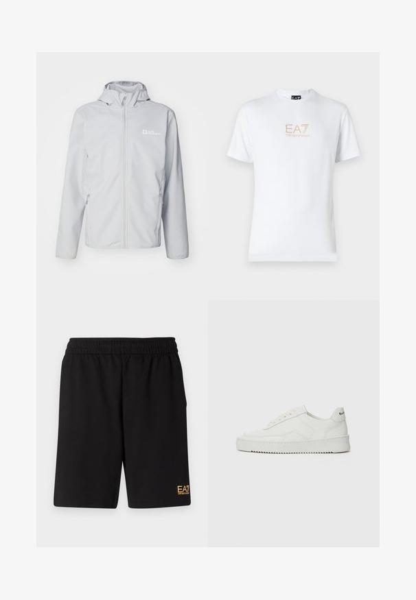 Jack Wolfskin BORNBERG HOODY - Softshellová bunda - cool grey; Bílé bavlněné tričko s kulatým výstřihem a krátkým rukávem, na přední straně s potiskem zlatého loga EA7 Emporio Armani.; Černé sportovní šortky vyrobené z měkké látky, s elastickým pasem a malým žlutým logem EA7 na dolní části levé nohy.; Bílé kožené tenisky s hladkým povrchem, kulatou špičkou, plochými tkaničkami a texturovanou podrážkou. Na patě se nachází nenápadné logo.
