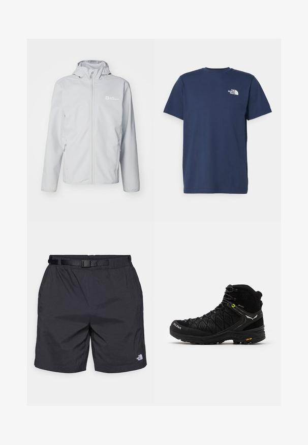 Jack Wolfskin BORNBERG HOODY - Chaqueta softshell - cool grey; Camiseta de algodón de color azul marino con mangas cortas y cuello redondo. Presenta un pequeño logotipo blanco en el lado izquierdo del pecho. Textura suave.; Pantalones cortos ligeros negros con un ajuste relajado, que cuentan con un cinturón ajustable, bolsillos laterales y el logo de The North Face en la parte inferior de la pierna derecha.; Bota de senderismo negra con parte superior texturizada, puntera reforzada y suela Vibram. El sistema de cordones incluye ganchos para un ajuste seguro.