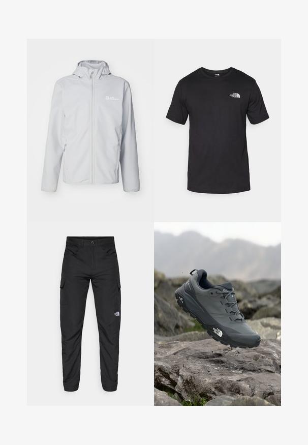 Jack Wolfskin BORNBERG jasnoszary; Czarna koszulka z krótkim rękawem wykonana z bawełny, z okrągłym dekoltem i małym białym logo na górnej lewej części klatki piersiowej.; The North Face HORIZON czarny; Szare buty do biegania w terenie z teksturową cholewką, trwałą gumową podeszwą i wzmocnionym noskiem. Posiadają sznurowadła oraz logo marki z boku.