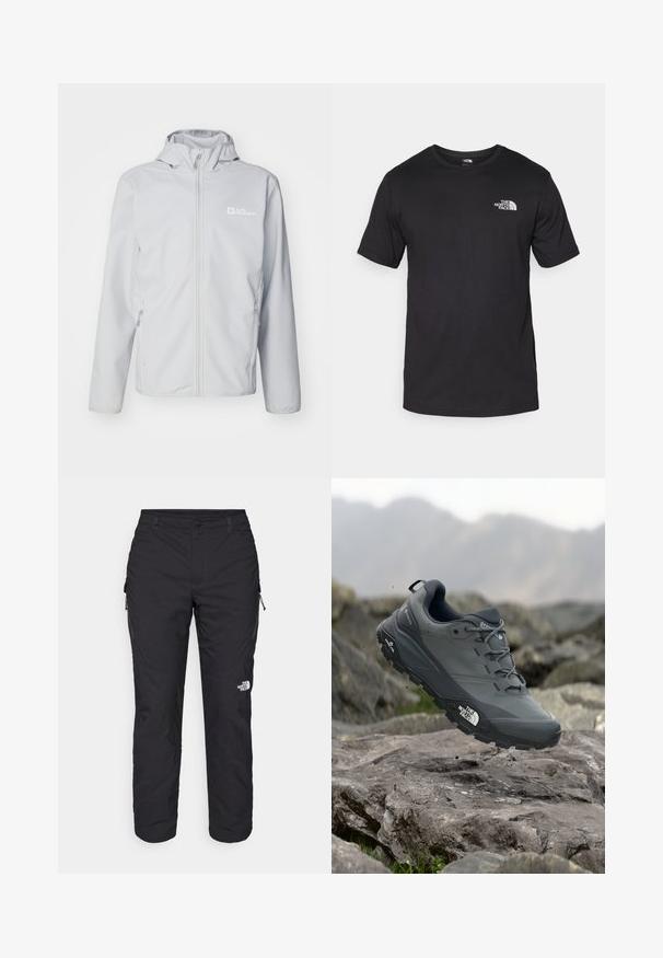 Jack Wolfskin BORNBERG HOODY - Softshelljacke - cool grey; Schwarzes T-Shirt mit kurzen Ärmeln aus Baumwolle, mit einem runden Ausschnitt und einem kleinen weißen Logo auf der oberen linken Brust.; The North Face WINTER EXPLORATION TAPERED CARGO - Outdoor-Hose - black; Grau Trailrunning-Schuh mit einer strukturierten Oberseite, haltbarer Gummisohle und verstärkter Zehenkappe. Verfügt über Schnürsenkel und ein Markenlogo an der Seite.