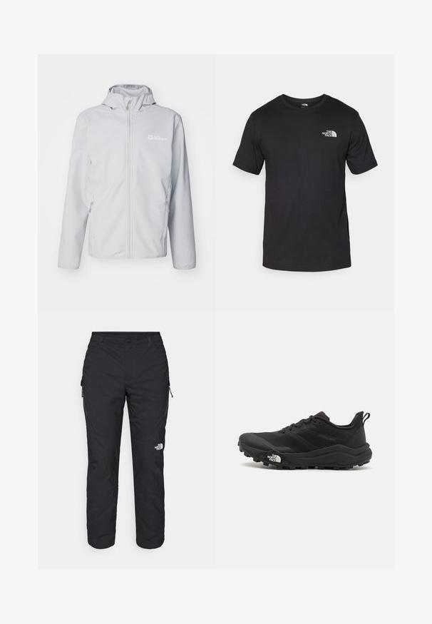 Jack Wolfskin BORNBERG HOODY - Soft shell jacket - cool grey; Black short-sleeve t-shirt made of cotton, featuring a round neckline and a small white logo on the upper left chest area.; The North Face WINTER EXPLORATION TAPERED CARGO - Outdoor trousers - black; Black trail running shoe with a textured upper, rubber sole, and reinforced toe cap. Features a padded collar and pull tab for easy wear.