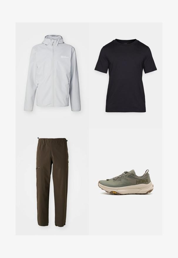 Jack Wolfskin BORNBERG HOODY - Soft shell striukė - cool grey; Juodas marškinėliai, pagaminti iš lygaus audinio, su apvalia kaklo iškirpte ir trumpomis rankovėmis. Subtilus prekės ženklas juodai atspausdintas ant krūtinės.; Jack Wolfskin PRELIGHT TRAIL PANTS - Lauko kelnės - peat; Žalios Hoka bėgimo sportbačiai su Gore-Tex viršutine dalimi, tekstūriniais akcentais, elastingomis raištelėmis ir storu smėlio spalvos padu su Vibram logotipu.