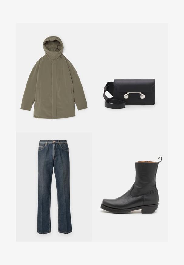 Alkūnės žalia striukė su kapišonu, lygaus audinio, užsegama priekyje užtrauktuku, turi dvi šonines kišenes ir minimalistišką dizainą.; Kremo spalvos mezginis megztinis su polo apykakle, raukšlėtomis rankovėmis ir apačia, su priekiniais užtrauktukais ir minkšta tekstūra.; Tamsiai mėlynas trumpa rankovė T-palaidinė su balta tekstu "neanche per sogno" centruota ant krūtinės, apvaliu kaklu, vidutinio dydžio.; Tamsiai mėlynos tiesios kojos džinsai su priekiniais mygtukais, užtrauktuku, dviem priekinėmis kišenėmis ir matomomis vertikaliomis raukšlėmis nuo kelnių šonų.; Juodas odinis kulkšninis botas su lygiu paviršiumi, siauru profiliu, šoninėmis siūlėmis ir žemu kvadratiniu kulnu. Yra užvilkimo kilpelė nugarinėje dalyje.; Juodas odinis kryžminis krepšys su sklendės uždarymu, sidabro spalvos detalėmis ir dviem apvaliais akcentais. Yra nusiimamas diržas. Lygus paviršius.