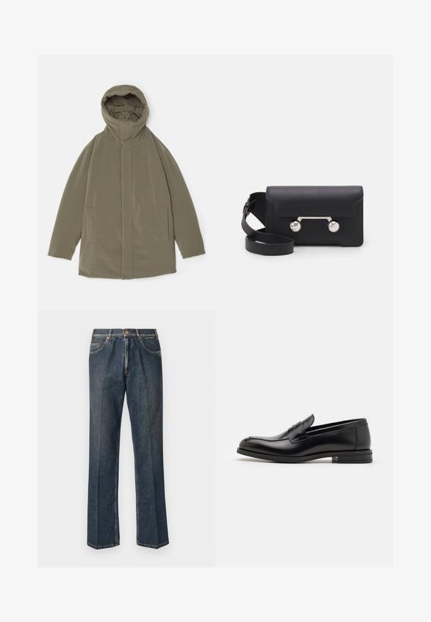 Olive green jacket with a hood, smooth fabric, front zip closure, two side pockets, and minimalistic design elements.; Cream-colored knit sweater with a polo collar, ribbed cuffs, and hem, featuring a front placket and soft texture.; Dark blue straight-leg denim jeans with front button, zip fly, double front pockets, and visible vertical creases down the legs.; Black leather loafers with a smooth texture, rounded toe, and a decorative strap across the vamp. Low stacked heel, minimalist design.; Black leather crossbody bag with a flap closure, silver-tone hardware, and two round accents. Features a detachable strap. Smooth texture.