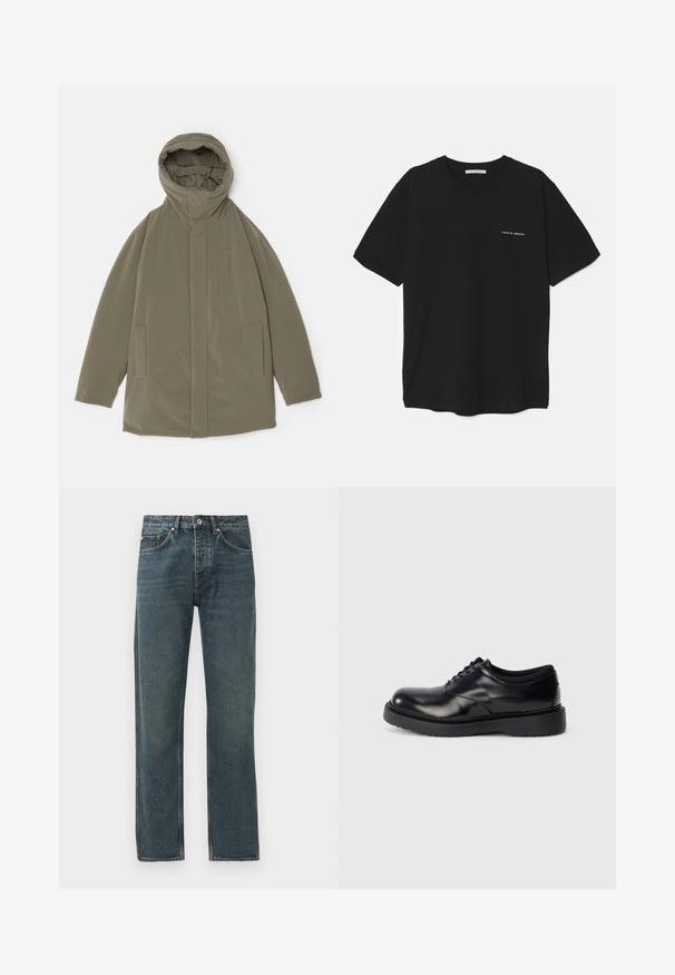 Chaqueta verde oliva con capucha, tejido suave, cierre frontal de cremallera, dos bolsillos laterales y elementos de diseño minimalistas.; Camiseta de algodón negra con cuello redondo, mangas cortas y un estampado de logo blanco en el lado izquierdo del pecho. Diseño simple y de color sólido.; Jeans de mezclilla azul oscuro con un diseño de pierna recta, que cuentan con cinco bolsillos, un cierre de botón y detalles de costura en contraste.; Zapato negro de cuero con cordones, punta redondeada, superficie lisa y suela de goma gruesa con surcos sutiles para tracción.