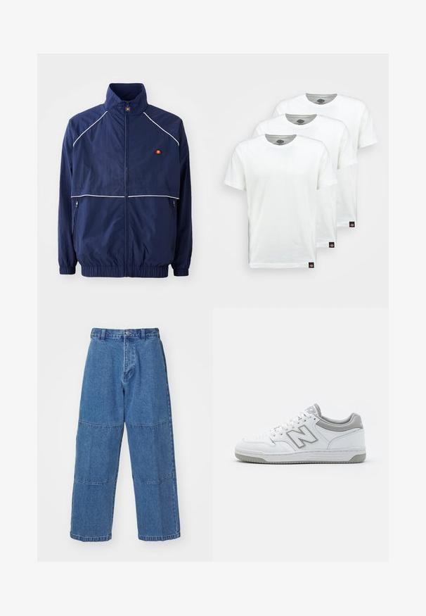 Granatowa kurtka wiatrówka z wysokim kołnierzem, białymi detalami, zamkiem z przodu oraz dwiema bocznymi kieszeniami. Logo na klatce piersiowej.; Trzy gładkie białe bawełniane koszulki z krótkim rękawem. Każda koszulka ma okrągły dekolt i małą czarną metkę z logo po lewej stronie.; Jasnoniebieskie dżinsy o luźnym kroju, z dwoma różnymi panelami materiałowymi, z zapięciem na guziki z przodu i szerokimi nogawkami.; Białe skórzane sneakersy z szarymi akcentami, charakteryzujące się perforowaną częścią palcową, płaskimi sznurowadłami oraz wzorzystą podeszwą. Logo New Balance po boku.