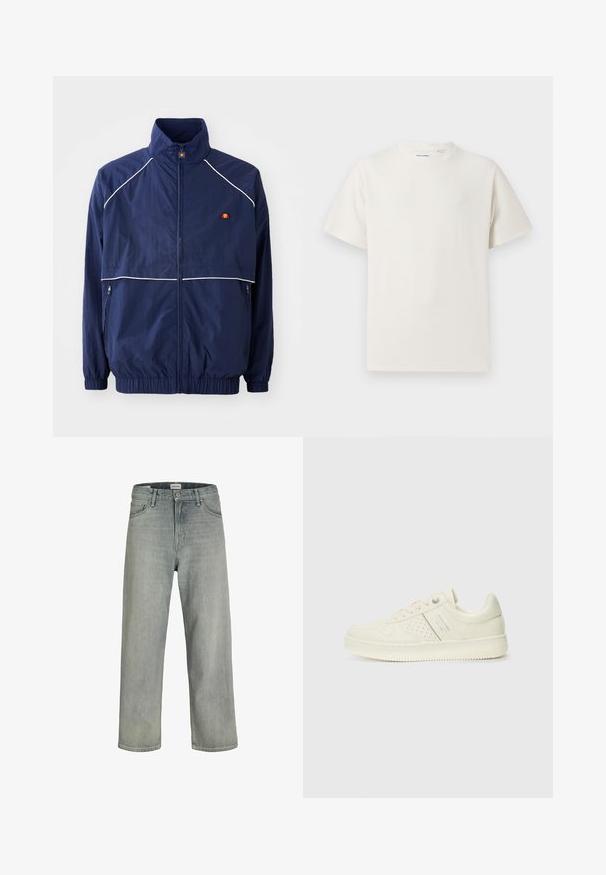 Mornarjski vetrovka, ki vsebuje visok ovratnik, bele podrobnosti z obrobo, zadrgo spredaj in dve stranski žepi. Blagovna znamka na prsih.; Bela majica s kratkimi rokavi iz rebraste tkanine. Okrogli izrez, sproščen kroj, brez vidnih vzorcev ali naglasov. Preprosta in vsestranska zasnova.; Svetlo sivi, široki traperice iz denima. Ima klasični dizajn s pet džepova, petlje za remen i ravno krojenje.; Sneaker v kremni barvi s perforiranim detajlom, vezalkami in logotipom na strani, prikazan na enostavni beli ozadju.