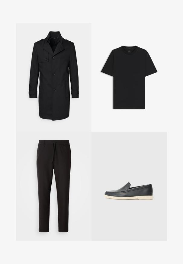 Czarny płaszcz trenchowy, wykonany z gładkiego materiału, charakteryzuje się podwójnym zapięciem, szerokim kołnierzem, zapięciem na guziki, kieszeniami bocznymi i regulowanymi mankietami.; Czarny t-shirt krótki rękaw wykonany z gładkiej mieszanki bawełny, z okrągłym dekoltem i minimalistycznym designem bez wzorów czy akcentów.; Czarne spodnie dresowe wykonane z gładkiego materiału. Posiadają elastyczny pas ze sznurkiem, zwężane nogawki oraz brak widocznych kieszeni. Prosty design.; Czarne skórzane slip-ony w stylu loafers z teksturowanym wykończeniem i kontrastującą beżową gumową podeszwą. Posiadają delikatny akcent wzdłuż przodu.