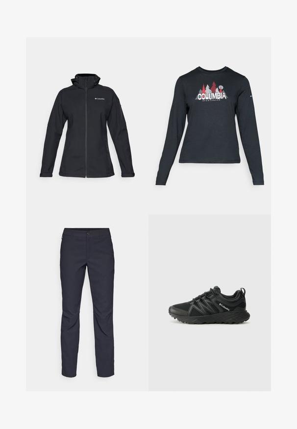 Black softshell jacket with a high collar, full zip closure, zippered side pockets, and logo accent on the chest. Textured fabric, fitted design.; Long-sleeve dark gray shirt with a graphic of red trees and mountains; "COLUMBIA" logo in bold white text. Soft fabric, standard crew neck.; Navy blue pants made of smooth fabric, featuring a front button closure, slim-fit design, and creased detailing at the knees.; Columbia PEAKFREAK - Hiking shoes - black