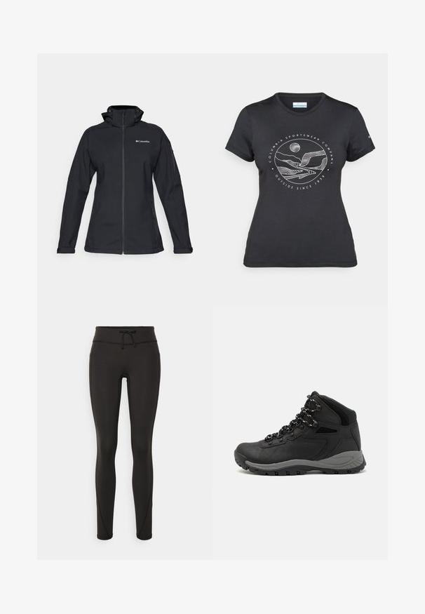 Fekete softshell dzseki magas gallérral, teljes cipzáras záródással, cipzáras oldalzsebekkel és logóval a mellkason. Texturált anyag, illeszkedő fazon.; Fekete Columbia póló fehér, kör alakú hegy és folyó vonalrajzzal, valamint a "Columbia Sportswear Company Outside Since 1938" felirattal.; Fekete leggings magas derékkal, zsinórral, sima textúrával és testhezálló kialakítással. Oldalt varrási részletekkel rendelkezik.; Fekete túracipő közepes magasságú kialakítással, texturált felsőrésszel, szürke részletekkel és strapabíró gumitalppal, amelynek tapadós kiemelkedései vannak.