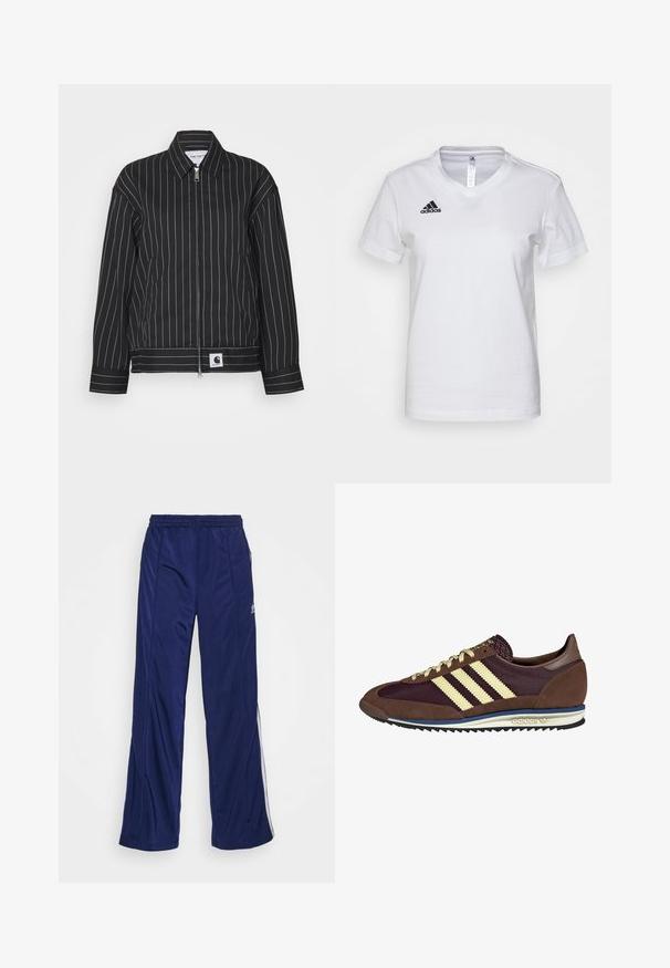 Musta takki, jossa on valkoiset pystysuorat raidat, vetoketjullinen etuosa, terävä kaulus ja logopatchi helman kohdalla. Valmistettu sileästä kankaasta.; Valkoinen puuvillapaita, jossa on V-kaula-aukko, lyhyet hihat ja musta Adidas-logo vasemmassa rinnassa. Tasainen tekstuuri, klassinen malli.; Laivastonsiniset urheiluhousut, joissa on joustava vyötärö, suorat lahkeet ja sivuvetoketjut. Sivuille on lisätty valkoista kaitaliinaa. Housuissa on sileä kankaan rakenne.; Ruskea ja burgundin värinen lenkkari, jossa on yksityiskohtina mokkaa ja verkkomateriaalia, kolmea kermaista raitaa, tekstuuripinta kielekkeessä ja kumipohja.