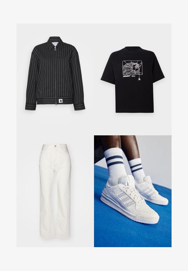 Mustra musta jakk, millel on valged vertikaalsed triibud, lukuga esikülg, terav krae ja logopaneel allääres. Valmistatud siledast kangast.; Mustmust särgis, millel on lühikesed varrukad. Esipaneelil on valge ämblikuvõrgu graafika ja logo. Lihtne ümmargune kaelus.; Valged denim püksid kõrge vöökoht ja laia säärega. Omab nupuvajutust ja tõmblukku, vöö loops ja peene õmblemise detailid.; Valge nahast jooksujalatsid, millel on perforatsioonidega detailid, kolm metallilist triipu ja tekstureeritud külgpaneel. Kanna valgeid sokke, millel on sinised triibud.