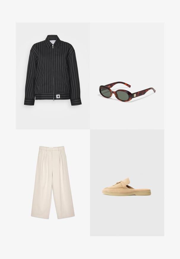 Giacca nera con strisce verticali bianche, chiusura zip davanti, collo a punta e un'etichetta con logo all'orlo. Realizzata in un tessuto liscio.; T-shirt bianco a maniche corte realizzato in tessuto liscio, caratterizzato da un colletto rotondo e dettagli di cucitura discreti all'orlo.; Pantaloni beige a gamba larga con pieghe, caratterizzati da una texture liscia e passanti per cintura. Taglio sartoriale, che offre una vestibilità ampia attorno alle gambe.; Scarpa slip-on in suede beige con punta arrotondata, cuciture decorative e un accento in hardware dorato. Suola piatta e rivestimento interno morbido.; Occhiali da sole a tartaruga con lenti scure, forma ovale e aste larghe. Presentano un piccolo accento dorato sul lato. Materiale in plastica liscia.