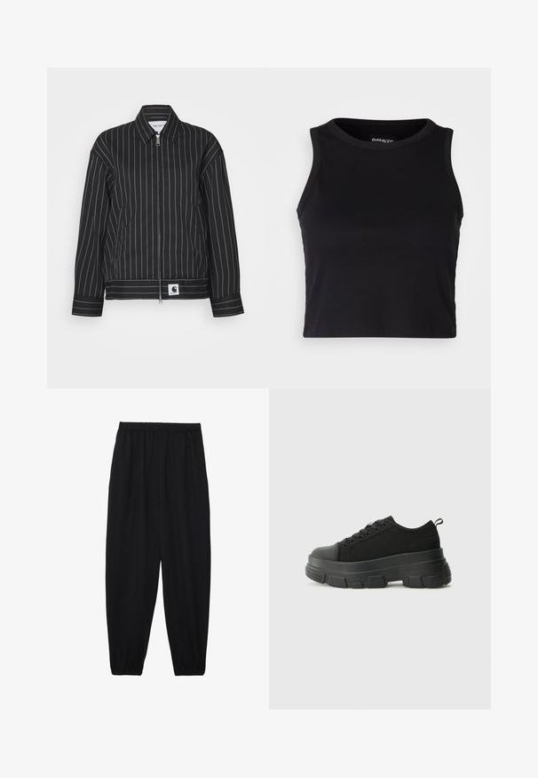 Black jacket with white vertical stripes, zippered front, pointed collar, and a logo patch at the hem. Made from a smooth fabric.; Black ribbed crop tank top with a round neckline and sleeveless design. Made from soft, stretchy fabric, featuring clean hemmed edges.; Black, lightweight pants with an elastic waistband and gathered ankles. The fabric is smooth and features a relaxed, tapered design.; Black sneakers with a chunky rubber sole, textured fabric upper, round toe, and lace-up design. Features reinforced eyelets and back pull tab.