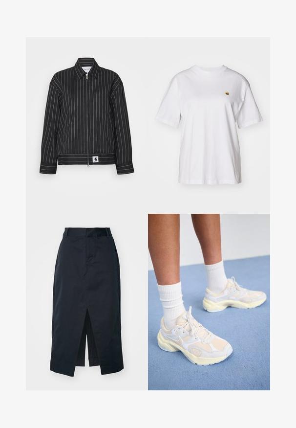 Melna jaka ar baltām vertikālām svītrām, ar rāvējslēdzēju priekšpusē, norādītu apkakli un logo uz iekšējās daļas. Izgatavota no gludas auduma.; Balta kokvilnas T-kreklā ar brīvu piegriezumu, īsām piedurknēm un mazu izšūtu logotipu kreisajā krūtīs.; Tumši jūras zila midi svārki, izgatavoti no kokvilnas maisījuma auduma, ar priekšējo spraugu, slēptu rāvējslēdzēju un sānu kabatām funkcionalitātei.; Plāni sporta apavi bālgani dzeltenā un baltā krāsā, ar sietu un sintētiskiem materiāliem, noapaļota forma un teksturētām zolem.