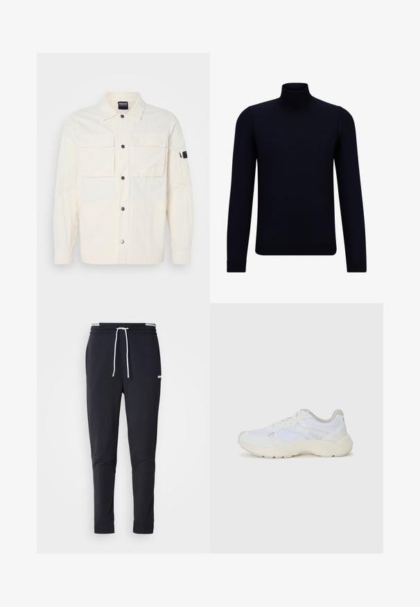 Jachetă de cămașă de culoare crem deschis, confecționată dintr-un material texturat, având închidere cu nasturi, două buzunare pe piept și un buzunar cu fermoar pe mâneca stângă.; Pulover turtleneck de culoare navy închis, realizat dintr-o țesătură fină, cu mâneci lungi și un guler înalt, ajustat. Fără modele sau accente vizibile.; Pantaloni jogger slim-fit negri cu șnur alb, talie elastică cu dungi albe și un mic logo alb pe coapsa superioară.; Adidași albi, din plasă și piele întoarsă, cu o talpă intermediară texturată, accente texturate și logo-ul "HUGO" pe lateral.