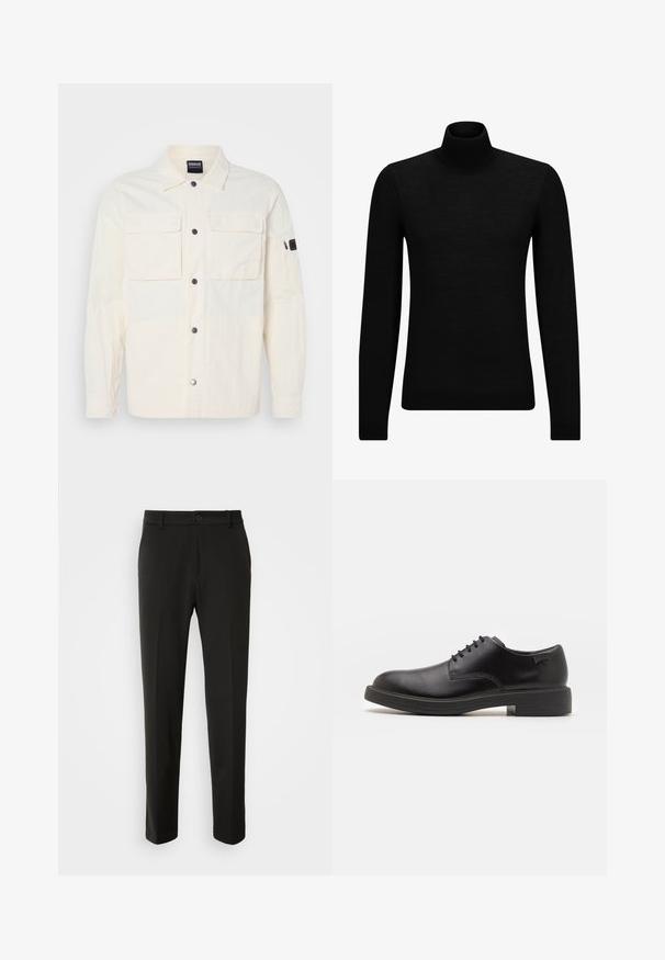 Világos krémszínű ingdzseki texturált anyagból, gombos záródással, két mellzsebbel és egy cipzáros zsebbel a bal ujján.; Fekete garbó pulóver puha anyagból, hosszú ujjakkal és szoros fazonnal. Ribbed díszítés az alján és az ujjak végén. Egyszerű dizájn.; Fekete nadrág sima szövetből, egyenes lábakkal, gombos záródással és klasszikus designnal, amely alkalmas formális vagy hétköznapi viseletre.; Fekete bőrcipő, kerek orrú, sima felületű, minimális varrással és alacsony gumitalppal. Logó a sarokrészen.