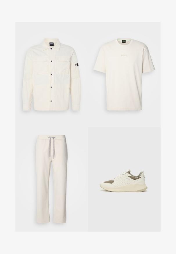 Világos krémszínű ingdzseki texturált anyagból, gombos záródással, két mellzsebbel és egy cipzáros zsebbel a bal ujján.; BOSS TEE - Basic póló - open white; Krém színű, laza nadrág, húzózsinórral a deréknál és egyenes szárakkal, egy sima fehér háttér előtt bemutatva.; Fehér és világos bézs sportcipő, légies hálós felsőrésszel, perforált részletekkel és texturált középtalppal, amelyen a saroknál a márka logója található.