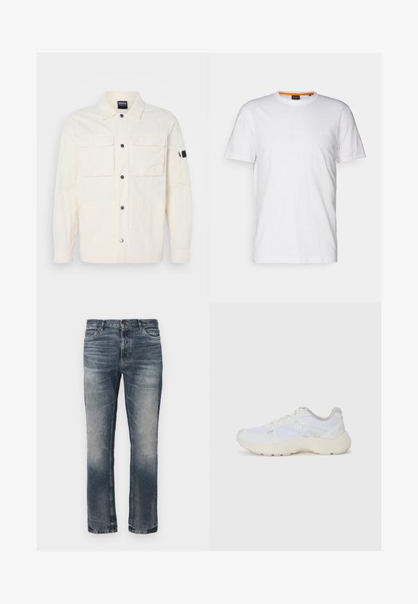 Light cream shirt jacket made of textured fabric, featuring a button closure, two chest pockets, and a zip pocket on the left sleeve.; White cotton T-shirt with a crew neck, short sleeves, and a subtle embossed logo on the chest. Interior tag has an orange accent.; Blue denim jeans with a straight-leg cut. Light faded areas, classic five-pocket design, and a single metal button closure at the waist.; White athletic shoes made of mesh and suede, featuring a textured midsole, textured accents, and "HUGO" logo on the side.