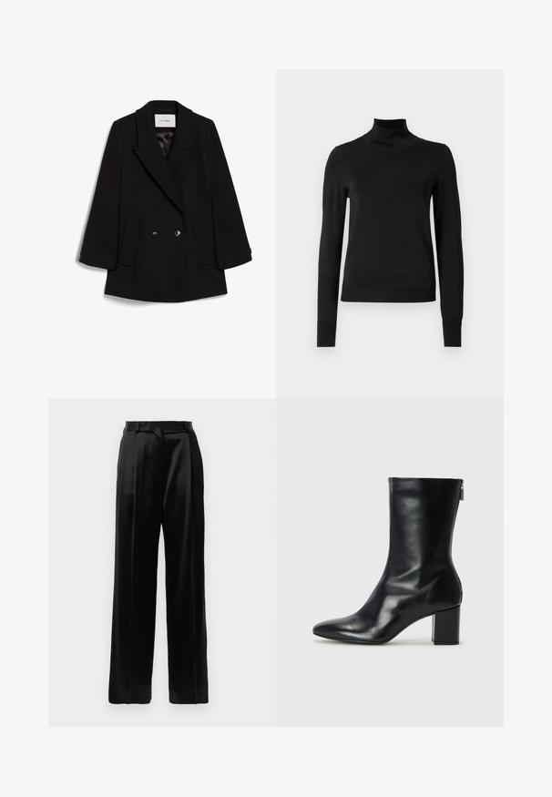 Melns divrindas mētelis ar izgrieztu apkakli, divām priekšējām kabatām un smalku tekstūru, ar apaļām melnām pogām.; Melnas garām piedurknēm turtlenecks džemperis ar ribotām aprocēm un apakšmali, attēlots uz vienkārša balta fona.; Melnas augstās vidukļa satīna bikses ar taisnām platiem kājām, jostu cilpām un plakanu priekšējo aizdari uz viendabīga balta fona.; Melna ādas potītes zābaks ar norādītu purngalu un 4 cm bloku papēdi. Gluds dizains ar sānu rāvējslēdzēju vieglai uzvilkšanai. Gluda tekstūra.