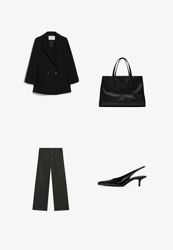Svart dubbelknäppt kappa med slagkrage, två framfickor och subtil textur, med runda svarta knappar.; Svart kortärmad V-ringad T-shirt med en enkel, figurnära design på en vit bakgrund.; Svarta denimbyxor med vida ben, med medelhög midja, två framfickor och en ren, minimalistisk design utan synliga dekorationer.; Svart spetsig slingback-sko med en glansig läderfinish och en tunn, låg klack. Har en utskärning på sidan för andningsförmåga.; Svart läder tote-väska med två förlängda handtag, en strukturerad form, slät textur och minimalistisk design. Inga synliga beslag eller detaljer.