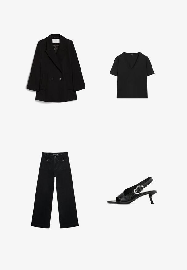 Cappotto nero doppiopetto con colletto a bavero, due tasche anteriori e una sottile texture, con bottoni neri rotondi.; Maglietta nera a maniche corte con scollo a V, dal design semplice e aderente, su sfondo bianco.; Jeans neri a gamba larga con vita alta, dotati di due tasche frontali e dettagli in metallo sui bottoni. Il tessuto ha una texture liscia.; Scarpa slingback in pelle nera con punta aperta, dotata di una particolare fibbia ovale argento sulla cinghia e un tacco a rocchetto sottile. Texture liscia.
