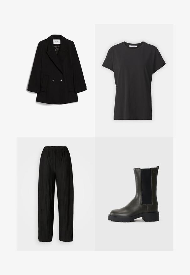 Casaco preto de duplo peito com colarinho recortado, duas bolsos frontais e uma textura subtil, apresentando botões redondos pretos.; T-shirt de algodão preta com decote redondo clássico, mangas curtas e um corte descontraído. Textura suave, sem padrões ou detalhes visíveis.; Calças largas de pregas pretas com uma cintura elástica. O tecido apresenta pregas verticais e uma textura suave.; Bota de tornozelo em couro verde com painéis laterais elásticos, ponta arredondada e sola de borracha. Apresenta um acabamento texturizado e um salto bloco.