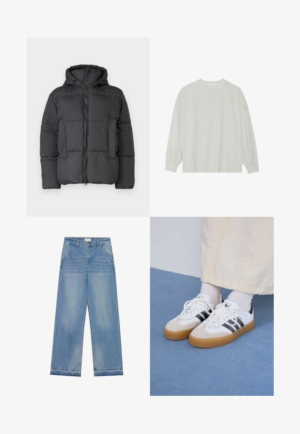 Sort polstret jakke med hætte, der har en frontlynlås, syede paneler og en enkelt sidelomme for praktisk anvendelse.; Lys grå langærmet t-shirt lavet af blød bomuld. Har en løs pasform, rund halsudskæring og let indsamlede manchetter. Ingen mønstre eller grafikker.; Lyseblå højtaljede wide-leg jeans med knaplukning, frontlommer, bæltestropper og diskret falmet detaljer.; Hvide sneakers med sorte striber og beige ruskindsdetaljer. Har en tekstureret gummisål og flade hvide snørebånd, båret med lyse sokker.