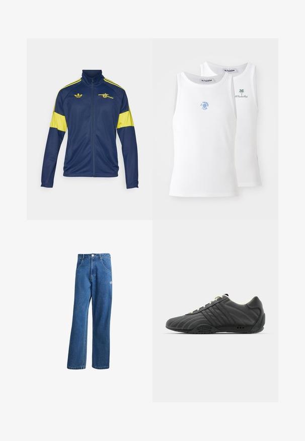 adidas Performance ARSENAL FC LIFESTYLER TRACK TOP - Joukkuetuote - night indigo; Kaksi valkoista toppia, jossa on ribbitettu pinta, ja joissa on siniset ja vihreät brodeeratut logot. Toisessa on auringon muotoilu, toisessa palmu.; Siniset korkeavyötäröiset leveälahkeiset farkut, joissa on etupussit, vyölenkit, napitus ja pieni Adidas-logo oikeassa reidessä.; adidas Originals ADIRACER UNISEX - Matalavartiset tennarit - core black/cream white