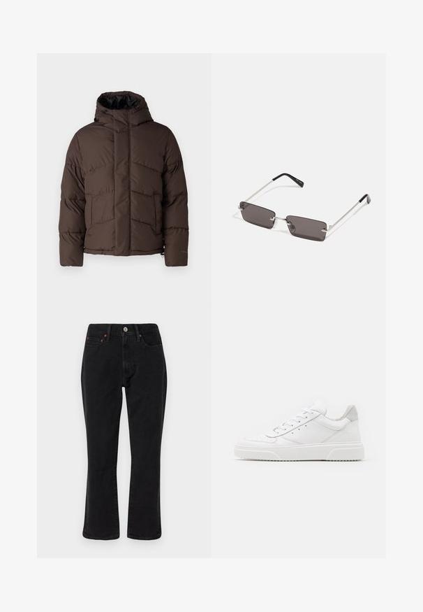 Jack & Jones JJWORLD jasny brąz; Biała bawełniana koszulka z krótkim rękawem, okrągłym dekoltem i czerwonym napisem graficznym "PYSZNY ODŚWIEŻAJĄCY OWOC" na przodzie.; Czarne dżinsy o prostym kroju, pięć kieszeni, metalowe elementy wykończenia w miedzianym kolorze. Gładka tekstura i średni stan.; Białe skórzane trampki o gładkim wykończeniu, zaokrąglonym nosku, płaskich sznurówkach i teksturowanej podeszwie. Szary zamszowy akcent na pięcie.; Okulary przeciwsłoneczne z prostokątnymi, ciemnoszarymi soczewkami, srebrnymi metalowymi ramkami i czarnymi plastikowymi zakończeniami na zausznikach. Lekka konstrukcja z poduszkami nosowymi.