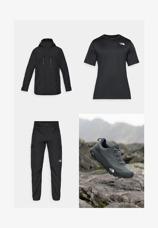 Black waterproof jacket with a hood, zippered front pockets, and a straight cut. Features adjustable cuffs and smooth texture.; Black short-sleeve t-shirt made of lightweight, moisture-wicking fabric. Features a white logo on the left chest and a crew neckline.; The North Face HORIZON PANT - Outdoor trousers - black; Grey trail running shoe with a textured upper, durable rubber sole, and reinforced toe cap. Features laces and brand logo on the side.