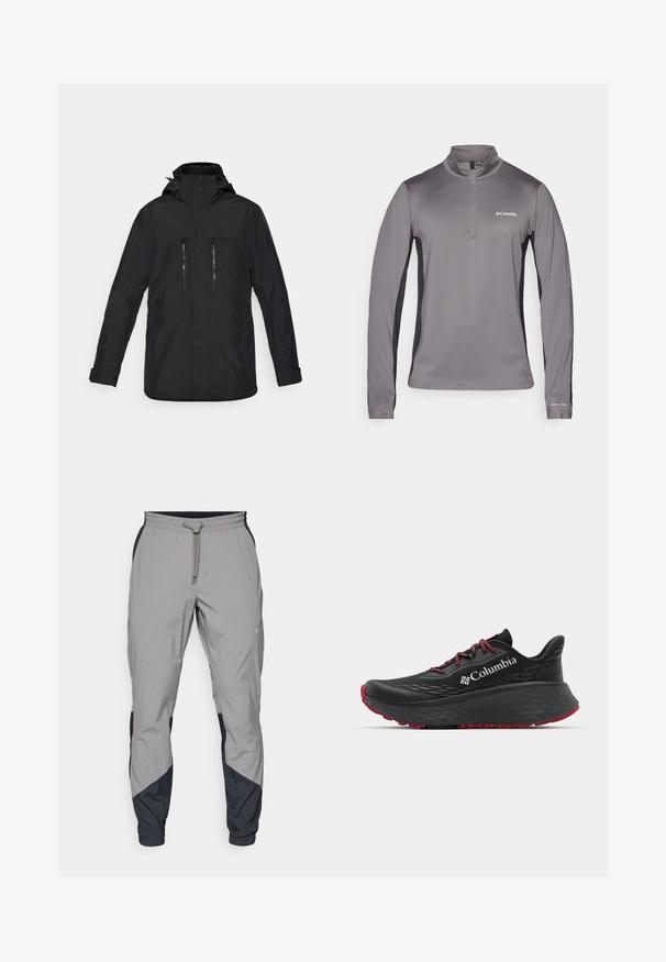 Črn vodoodporen jopič s kapuco, z zadrgo na sprednjih žepih in ravnim krojem. Ima prilagodljive manšete in gladko teksturo.; Siv grey pulover s dolgimi rokavi in pol zadrgo, teksturirana tkanina, kontrastni črni bočni paneli in majhna oznaka na prsih.; Lahki, sivi atletski hlače z črnimi dodatki. Elastika v pasu, zategovalna vrvica, oblikovana noga in stranske žepe.; Črne atletske čevlje s teksturiranim zgornjim delom, rdečimi vezalkami in logotipom. Debel podplat s patternom za boljši oprijem. Minimalistična zasnova, stranski pogled.