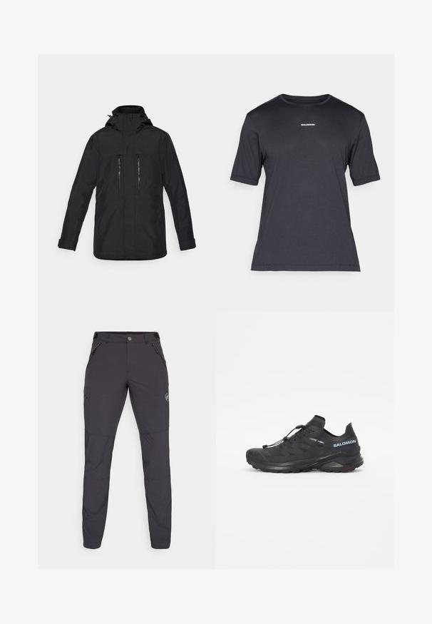 Svart vanntett jakke med hette, glidelås frontlommer og rett snitt. Har justerbare mansjetter og glatt tekstur.; Svart kortermet prestasjons-T-skjorte laget av pustende materiale, med rund hals og liten hvit "SALOMON" logo på brystet.; Mørkegrå utendørsbukser med smal passform, laget av fleksibelt materiale. Har tre romslige lommer med glidelås og en logo detalj.; Svart trail-løpesko med teksturert overdel, elastiske lisser og Contagrip yttersåle. Har en tett passform og beskyttende tåhette.