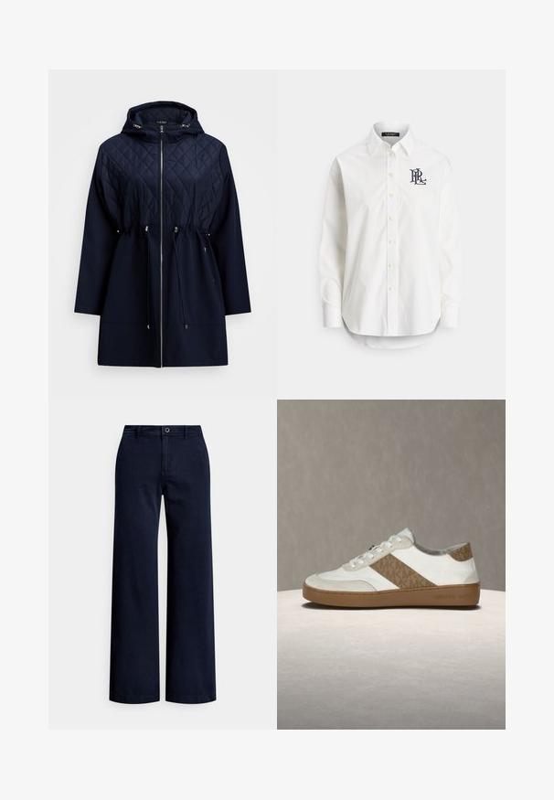 Casaco acolchoado azul marinho com capuz, cintura ajustável por cordão, fecho frontal com zíper e mangas longas. Apresenta tecido liso e padrão de diamante na parte superior.; Camisa branca de botões em algodão com mangas compridas, gola pontiaguda e um logótipo azul-marinho bordado no peito esquerdo. Bainha arredondada na parte inferior.; Calças largas azul-marinho feitas de algodão, com fecho de botão frontal, passantes para cinto e um acabamento liso e texturizado.; Ténis branco com detalhes em camurça bege claro, risca lateral padrão, biqueira redonda, atacadores brancos e sola de borracha castanha. Marca no calcanhar.