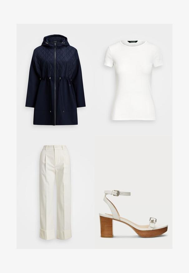 Tumši zils, izšūts kapucis jaka ar sašaurināmu jostasvietu, ar rāvējslēdzēju priekšpusē un garām piedurknēm. Iezīmē gludu audumu un dimanta rakstu augšpusē.; Balts kokvilnas T-krekls ar īsām piedurknēm, apaļu kaklu, pieguļošu dizainu un gludu tekstūru. Logo birka pie kakla.; Baltas, piegriezts bikses ar augstu jostu, dubultām priekšējām krokām un platajām kājām ar salocītām malām. Izgatavotas no gludas, strukturētas auduma.; Balti ādas sandales ar potītes siksnu un sudraba sprādzi. Tam ir koka bloku papēdis un gluda platforma.