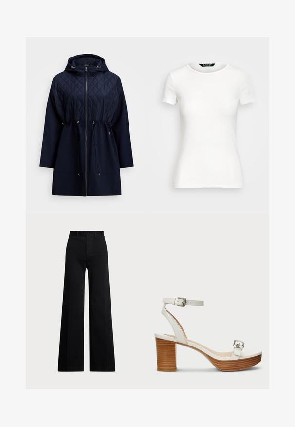 Tumši zils, izšūts kapucis jaka ar sašaurināmu jostasvietu, ar rāvējslēdzēju priekšpusē un garām piedurknēm. Iezīmē gludu audumu un dimanta rakstu augšpusē.; Balts kokvilnas T-krekls ar īsām piedurknēm, apaļu kaklu, pieguļošu dizainu un gludu tekstūru. Logo birka pie kakla.; Melni platā kāju bikses, izgatavotas no austas auduma, ar augstu jostasvietu, priekšējo pogu aizdari un sānu kabatām. Gluda tekstūra ar skaidrām līnijām.; Balti ādas sandales ar potītes siksnu un sudraba sprādzi. Tam ir koka bloku papēdis un gluda platforma.