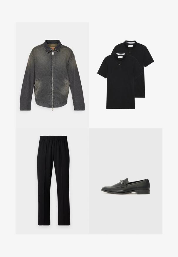 Faded musternahkade jakk mustas, millel on allaklapitav kaelus, ees lukk, küljetaskud ja mõõdukas lõige. Tekstuurne kanga pind, millel on kerge sära.; Kaks musta polo särki, lühikeste varrukatega, puuvillane materjal, klassikalise kraega, kahe nupuga kinnitusega, valgete triipudega krae sisepinnal.; Mustad, elastse puusärgid sirge säärega, mis on sileda tekstuuriga ja ilma nähtavate mustrite või riistadega.; Must haveate nahkking punased, millel on sile viimistlus, tikitud muster ja dekoratiivne metallkett vampi üle. Tasane konts.