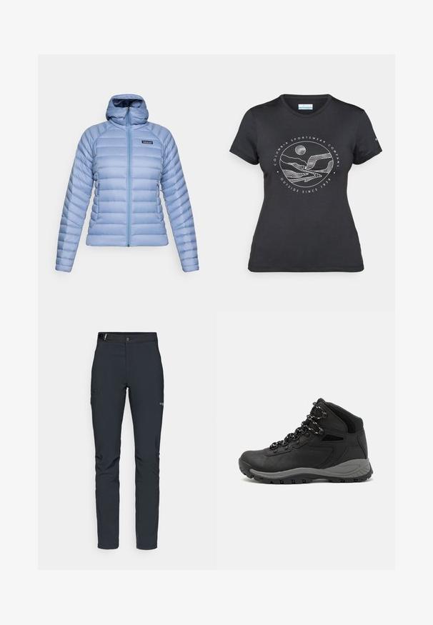 Lys blå quiltet hettejakke med frontglidelås og Patagonia-logo på venstre bryst, vist mot en hvit bakgrunn.; Svart Columbia t-skjorte med hvit sirkulær fjell- og elvlinjekunst og tekst "Columbia Sportswear Company Outside Since 1938."; Herre utendørsbukser, mørkegrå, laget av fleksibelt materiale, med belte, glidelåslommer og forsterkede sømmer.; Sorte turstøvler med mid-topp design, som har en teksturert overdel, grå detaljer og slitesterk gummisåle med godt grep.