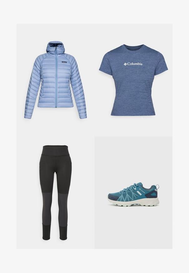 Svetlo modra prešita jopica s kapuco in sprednjim zadrgo ter logotipom Patagonia na levem prsnem delu, prikazana na beli podlagi.; Modra kratka majica s kratkimi rokavi iz teksturirane tkanine, z belim logotipom Columbia na prsih, okroglo ovratnikom in prilegnjenim dizajnom.; Črne športne legice z visokim pasom, ki imajo teksturirano zasnovo, kontrastne sivo obrobo, stranske žepe in prilegajoče hlačnice.; Columbia PEAKFREAK™ II OUTDRY™ - Pohodniški čevlji - blue heron/skylight