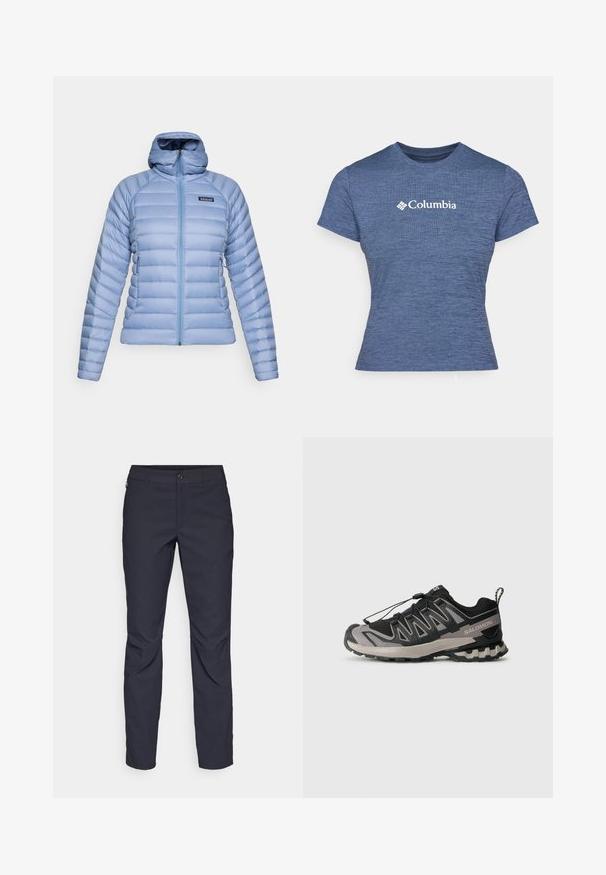 Casaco acolchoado azul claro com capuz, fecho frontal e logótipo da Patagonia no lado esquerdo do peito, apresentado contra um fundo branco.; T-shirt azul de manga curta feito de tecido texturizado, com o logótipo branco da Columbia no peito, gola redonda e design ajustado.; Calças azul-marinho feitas de tecido liso, com fecho frontal em botão, design slim-fit e detalhes pregueados nos joelhos.; Sapatilha desportiva em preto e cinza com parte superior em malha, sola em borracha e sistema de atacadores elásticos. Apresenta uma biqueira reforçada e detalhes texturizados.