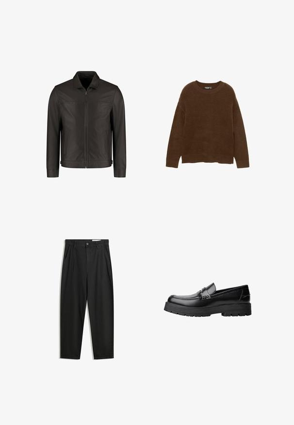 Donkerbruine leren jas met een ritssluiting aan de voorkant, twee verticale zijzakken en een klassieke kraag, gepresenteerd op een witte achtergrond.; Bruine, harige gebreide trui met een ronde halslijn, verlaagde schouders en ribgebreide manchetten; relaxte pasvorm met een iets verkorte zoom.; Zwarte katoenen broeken met een losse pasvorm, voorzien van een klassieke tailleband, voorplooien en zijzakken. Gladde structuur zonder patronen.; Zwarte leren loafer met een chunky profielzool en een decoratieve band over de bovenkant, weergegeven in het linkerzijprofiel op een witte achtergrond.