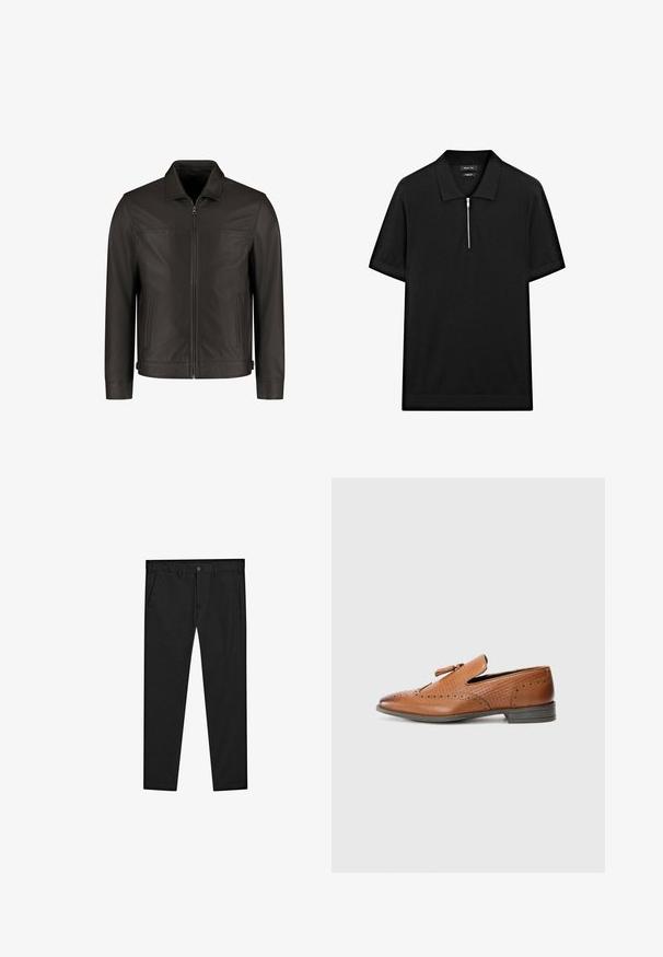 Donkerbruine leren jas met een ritssluiting aan de voorkant, twee verticale zijzakken en een klassieke kraag, gepresenteerd op een witte achtergrond.; Zwarte polo met korte mouwen, een staande kraag en een rits aan de voorkant. Gemaakt van een gladde stof met een schoon, minimalistisch ontwerp.; Zwarte chino's met een recht gesneden ontwerp, gemaakt van zachte stof. Voorzien van een knoopsluiting, riemlussen en zijzakken. Glad textuur.; Bruine leren schoen met geperforeerde details, gestructureerde zijkanten, platte zool en een decoratieve strik op de bovenkant. Klassiek ontwerp met een gladde afwerking.