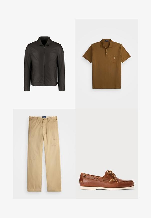 Donkerbruine leren jas met een ritssluiting aan de voorkant, twee verticale zijzakken en een klassieke kraag, gepresenteerd op een witte achtergrond.; Bruin poloshirt van katoen met een kraag, twee knoopsluitingen en een borstzak aan de linkerkant met een geborduurd logo. Korte mouwen.; Beige katoenen pants met een rechte snit. Heeft versleten patches en borduurdetails aan de voorkant. Klassieke knoop- en ritssluiting.; Bruine leren boot-schoen met veters, gouden oogjes en crèmekleurige rubberen zool. Ontworpen met een verhoogd stikselpatroon op de teen.