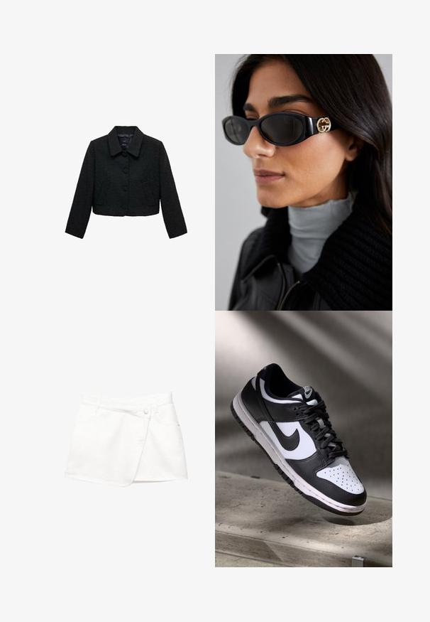 Schwarz cropped Jacke aus strukturiertem Stoff, mit Kragen, Knopfleiste und zwei Fronttaschen. Einfaches Design und strukturierte Form.; Ein schlichtes, weißes T-Shirt aus Baumwolle mit rundem Halsausschnitt, kurzen Ärmeln und lockerer Passform. Glatte Textur ohne Muster oder Akzente.; Weißer Denim-Minirock mit Wickeldesign, ausgestattet mit einem Knopfverschluss vorne, zwei Seitentaschen und einem glatten, texturierten Stoff.; Schwarz-weißer Nike Dunk Low Sneaker mit Lederobermaterial, perforiertem Zehenbereich und schwarzen Schnürsenkeln, ausgestattet mit einer weißen Sohle und Logo-Akzenten.; Schwarze Sonnenbrille mit einem schlanken rechteckigen Rahmen und einem goldenen Logo-Akzent an der Seite. Dunkle Gläser und glänzende Oberfläche sind auffällig.; Singularu DROP - Ohrringe - gold-coloured