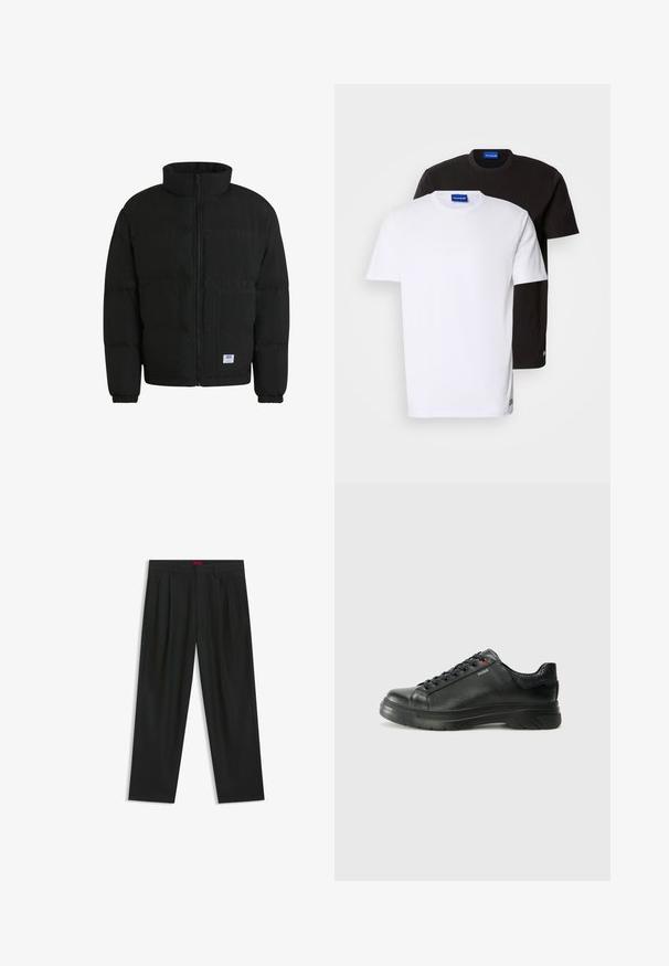 Musta puhvijakku korkealla kauluksella, vetoketjukiinnitys ja kaksi etutaskua. Varustettu rypytetyillä hihansuilla ja hillityllä tekstuurilla. Brändilogo taskussa.; Kaksi T-paitaa pinottuna: yksi valkoinen ja yksi musta. Lyhyet hihat, pyöreät kaula-aukot, puuvillakangasta. Kaula-aukossa pieni sininen logo.; Mustat housut, joissa on poimutettu muotoilu, leveä lahjetyyppi ja sileä pinta. Varustettu punaisella vyötärötagilla.; Musta nahkakengät, joissa on teksturoidun pinnan, pehmustettu kaulus ja punainen logo. Kengissä on paksu kumipohja, jossa on selkeä uramalli.