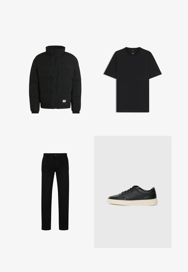 Black puffer jacket with a high collar, zip front, and two front pockets. Features gathered cuffs and a subtle texture. Brand logo on pocket.; Black short-sleeve T-shirt made from a smooth cotton blend, featuring a crew neckline and a minimalistic design with no patterns or accents.; Black cotton trousers with a straight fit, featuring a button closure, belt loops, and minimalistic design. Smooth texture, no patterns.; Black low-top leather sneaker with black laces and off-white sole shown in side profile on white background.