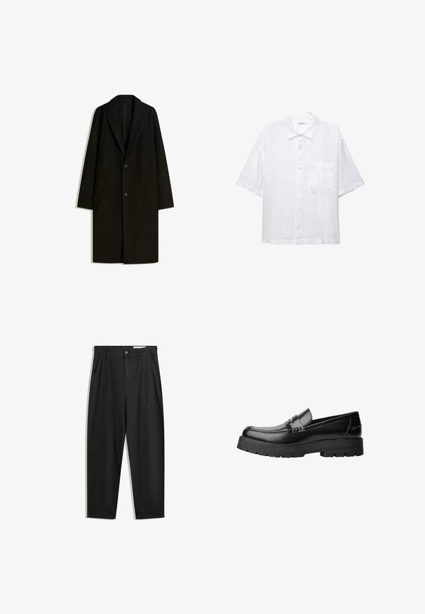 Palton negru dintr-un amestec de lână, cu rever în formă de ușă, închidere cu un singur nasture și buzunare laterale. Prezintă o siluetă dreaptă și un design minimalist.; Cămașă albă cu mânecă scurtă, cu închidere butonată în față, guler și un singur buzunar pe piept. Confecționată dintr-un material ușor, cu o textură netedă.; Pantaloni negri din bumbac cu croială lejeră, având un brâu clasic, plii frontale și buzunare laterale. Textură netedă fără modele.; Mocasini din piele neagră, cu talpă groasă și profilată și bandă decorativă pe partea superioară, prezentati din profil stâng pe fundal alb.